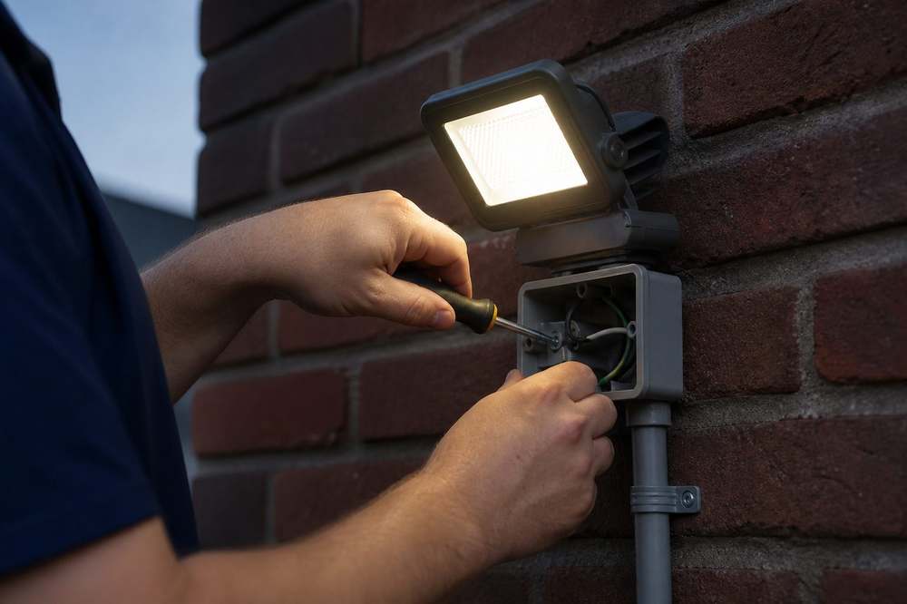 Security Lighting Installation 3 Electrician mounting a weatherproof LED floodlight on brick with conduit