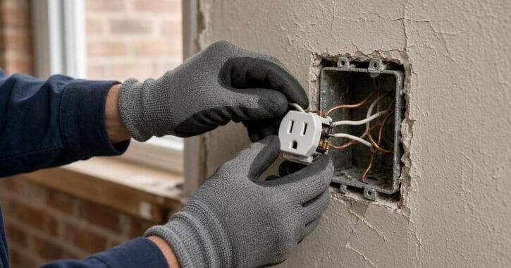 Two-Prong Outlet Replacement in Chicago 1 Electrician replacing a two-prong outlet with a grounded three-prong receptacle in a Chicago home