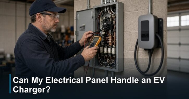 Can my electrical panel handle an EV charger? STS Electric Chicago electrician checking panel capacity next to a Level 2 charger
