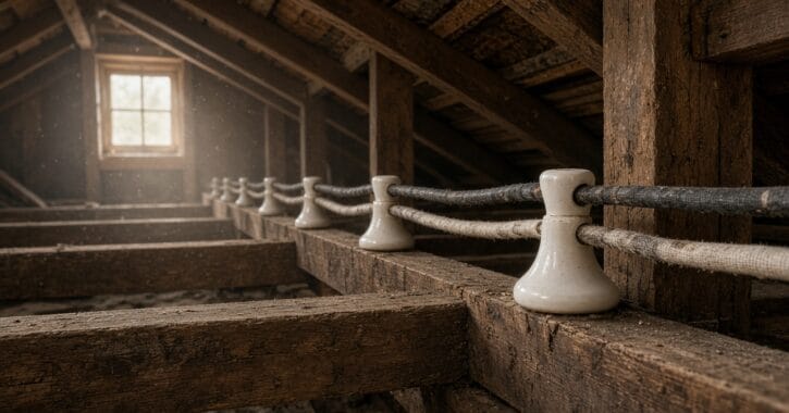 Knob and Tube Wiring in Chicago 1 Knob and tube wiring in a Chicago bungalow attic, porcelain knobs on joists
